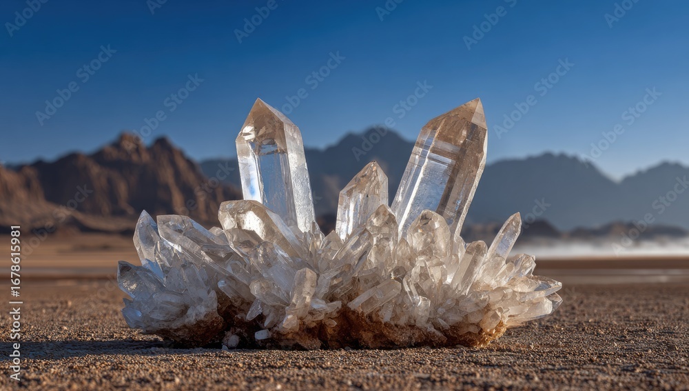 Obraz premium Clear quartz crystals cluster on arid ground, mountains in background