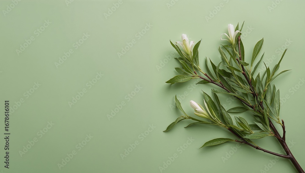 White Flowers and Green Leaves on Light Green Background, Minimalist Style. White Flowers and Green Leaves on Light Green Background, Minimalist Style.