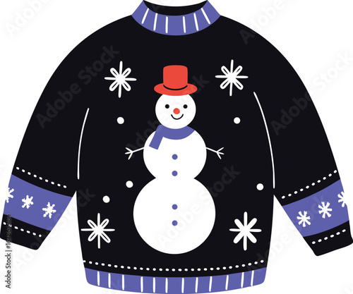 Festive ugly christmas sweater with snowman and snowflakes for holiday celebration and winter season
