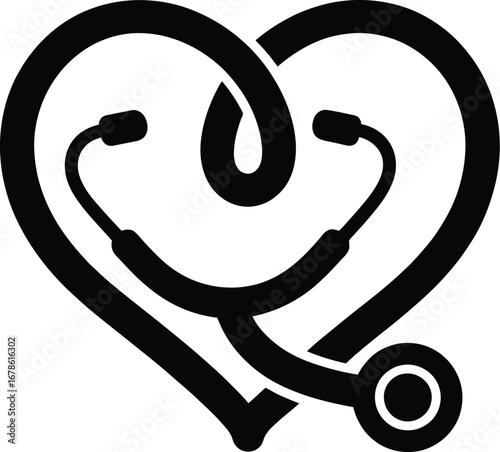 A black and white graphic of a stethoscope forming a heart shape on a white background design art