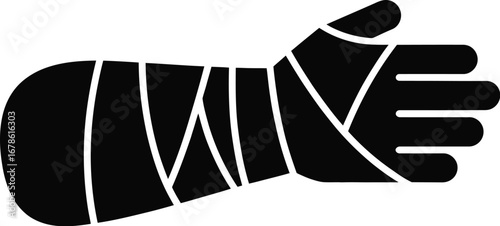 A graphic illustration of a black arm and hand wrapped in white bandages against a white background