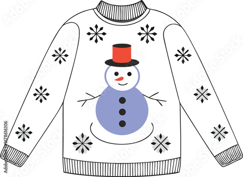 Simple ugly christmas sweater with snowman and snowflakes for holiday celebration and winter season