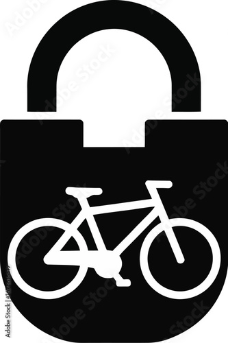 A black padlock with a white bicycle silhouette inside symbolizing bike security and protection idea