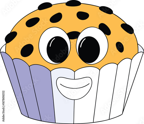 Adorable cupcake cartoon character with chocolate chips for childrens books and party invitations
