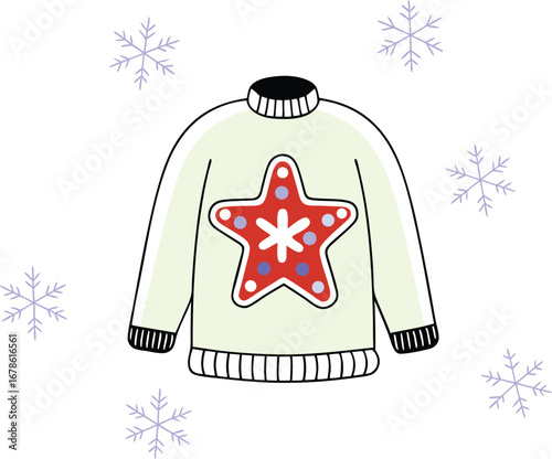 A light green christmas sweater with a red star for a festive and cozy holiday season