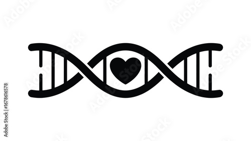 A black dna strand with a heart in the middle on a white background in a simple and clean style