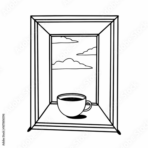 Minimilist a cup of coffee on a window sill with a view of clouds in a simple black and white line drawing style vector