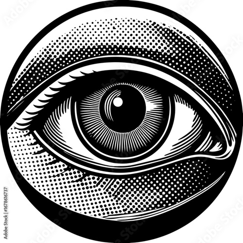 Minimilist detailed monochrome eye illustration with halftone shading inside a thick black circle frame design vector
