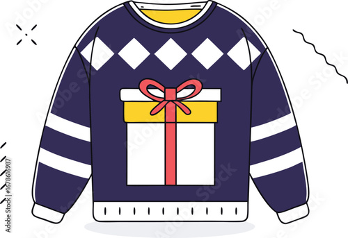 Christmas sweater with gift box and diamond pattern for holiday season and winter apparel
