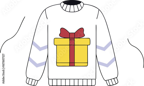 Ugly christmas sweater with a gift for holiday celebration and festive winter season