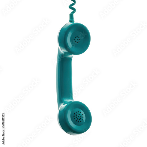 Retro teal telephone handset hanging mid air on simple background