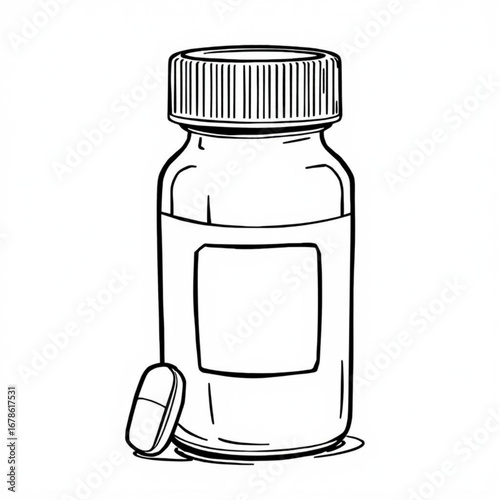 Minimilist illustration of a medicine bottle with a ribbed cap and a blank label next to a single capsule pill vector