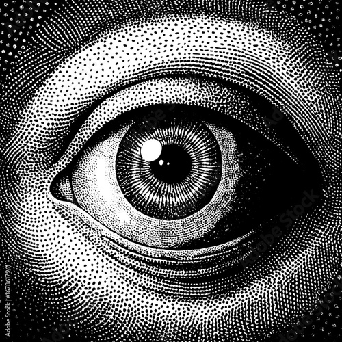 Minimilist close up engraving style illustration of an eye with detailed iris and surrounding skin texture vector