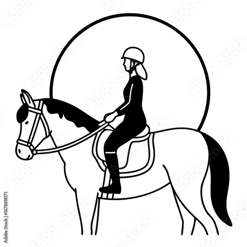 Minimilist silhouette illustration of a woman riding a horse with a circular background element design vector art vector