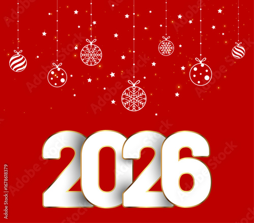 Happy New Year 2026 with balls on red background.