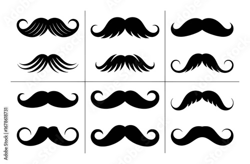 Collection of nine distinct black mustache icons on a white background