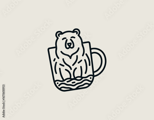 Coffee bear illustration holding cup designed as black line art vintage rustic logo emblem