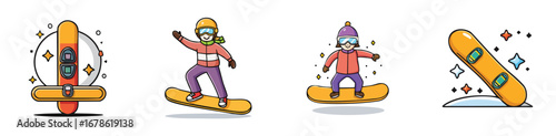 snowboarding vector illustration set featuring detailed, colorful design elements.