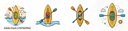 kayaking vector illustration set featuring detailed, colorful design elements.