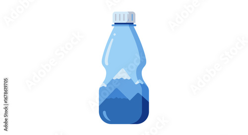 A tall blue plastic bottle with a white cap filled with clear blue liquid and geometric facets