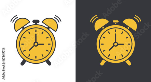 Vibrant yellow alarm clock with ringing bells depicted in two contrasting styles on white and dark backgrounds