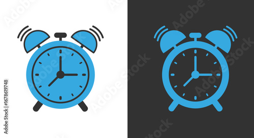 Two blue retro alarm clocks ringing loudly on white and dark backgrounds symbolizing time and wake up