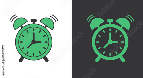 Retro twin bell alarm clock illustration glowing green on white and dark backgrounds