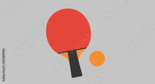 Simple graphic illustration of a red ping pong paddle and a small orange ball on a gray background