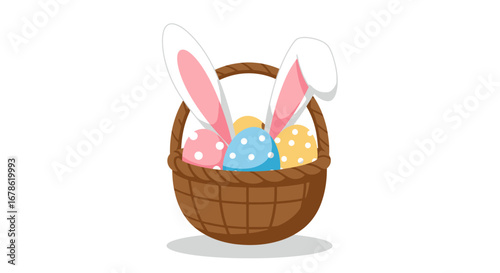 Adorable easter basket filled with colorful decorated eggs and fluffy bunny ears peeking out