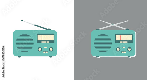 Retro teal portable radio with antenna and tuning dial shown on white and gray backgrounds