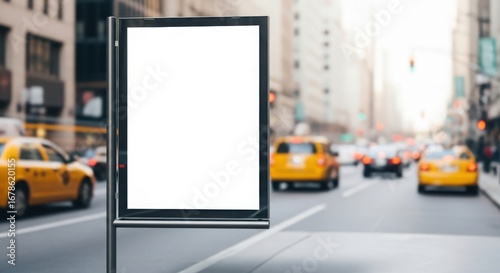Blank advertising screen on a busy new york city street with yellow cabs