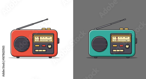 Retro portable transistor radios in vibrant red and teal colors displayed side by side on contrasting backgrounds