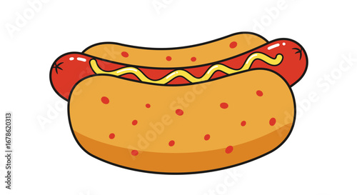 Delicious cartoon hot dog with mustard in a sesame seed bun isolated on a white background