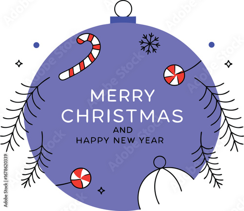 Merry christmas and happy new year greeting card with ornaments for holiday celebration