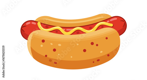 Deliciously illustrated hot dog with mustard on a sesame seed bun isolated on a white background