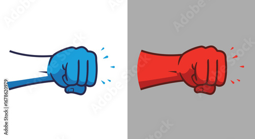 Two cartoon fists punching towards the viewer one blue and one red symbolizing conflict and opposition