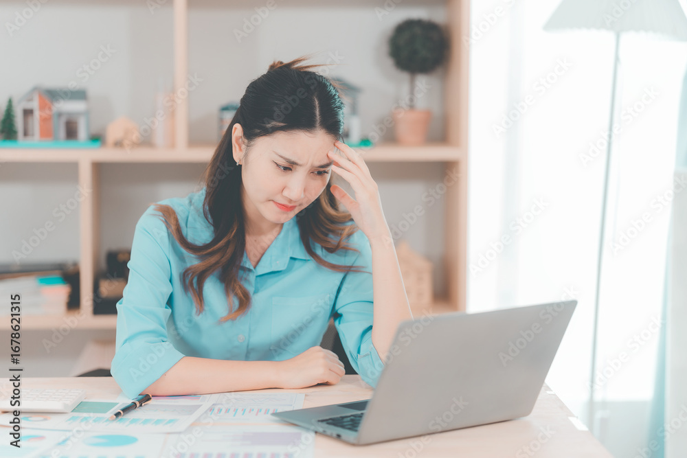 Obraz premium Asian businesswoman dealing with stress and headache feels depressed from low sales, bad economy, business