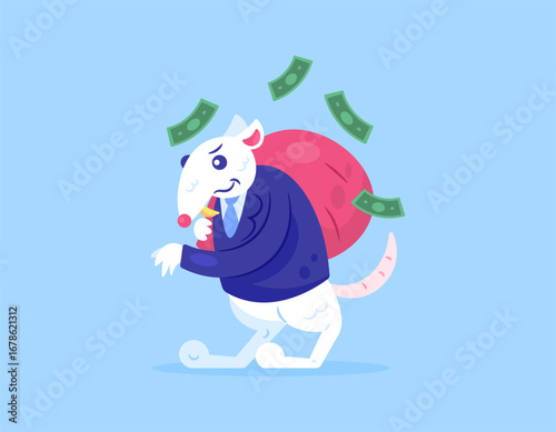 a concept of corruption. criminal. embezzling state funds. illustration of a rat wearing a tie stealing a sack of money. flat style design. blue background