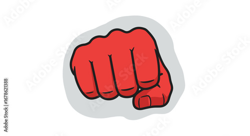 A bold red fist punching forward with a white outline against a light grey background