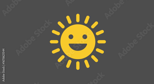 A cheerful smiling cartoon sun icon with bright yellow rays on a dark gray background