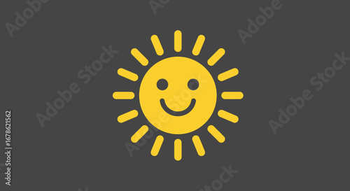 A cheerful smiling yellow sun icon with radiating rays on a dark gray background