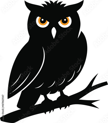 Striking black silhouette of an owl perched on a branch with vivid orange eyes iconic nocturnal wildlife silhouette