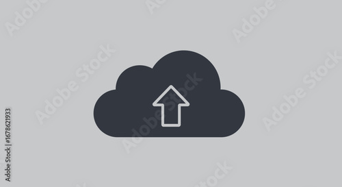 Simple dark grey cloud icon with a white upward arrow inside symbolizing data upload and cloud storage