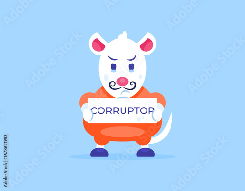 a concept of corruption. criminals and prisoners. corruptors caught and wearing prison clothes. punishment for corrupt officials. illustration of a rat holding a board. flat style design