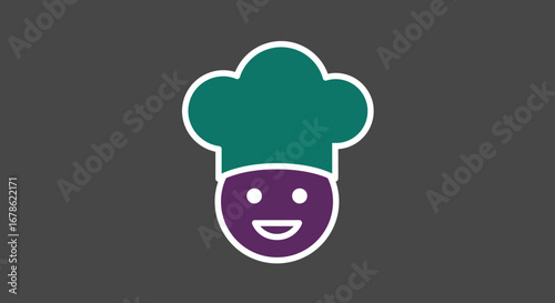 Friendly cartoon chef character wearing a tall toque hat and smiling with a purple face and green hat