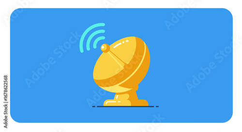 Golden satellite dish antenna broadcasting signals on a vibrant blue background with rounded corners