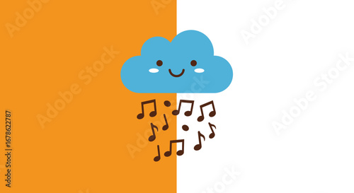 Happy blue cartoon cloud raining musical notes with a cheerful face on a split orange and white background