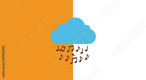 A blue cloud raining musical notes against a split orange and white background symbolizing audio streaming