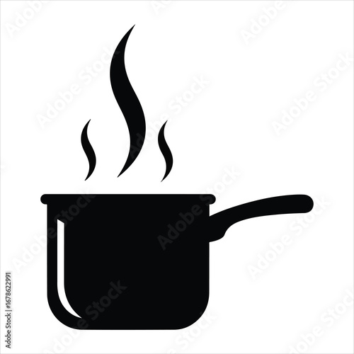 Simple silhouette of a pot with steam rising suggesting hot food or boiling water