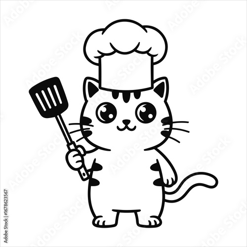 Adorable cartoon chef cat holding a spatula ready for culinary adventures fun pet character